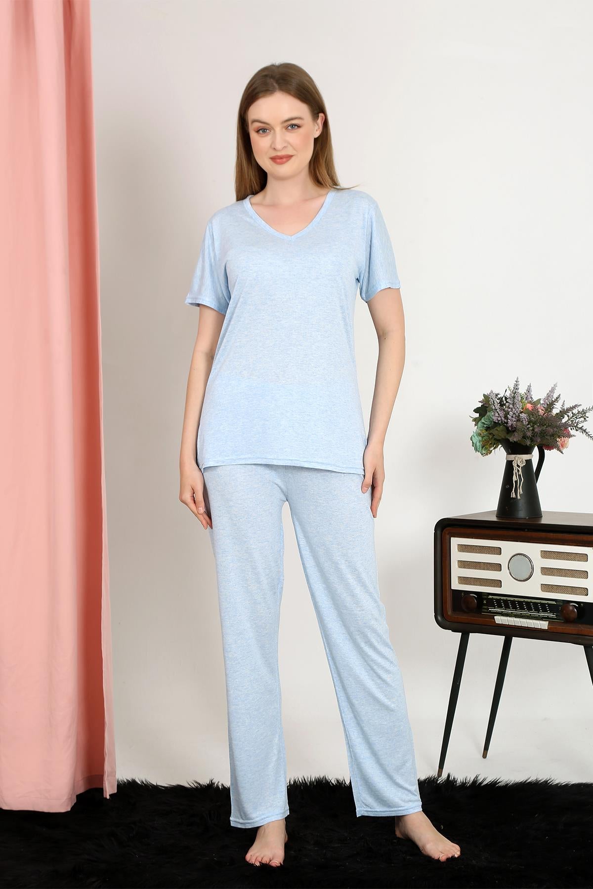 Akbeniz Kadın Kısa Kol Pamuk Penye Pijama Takım Mavi 4213