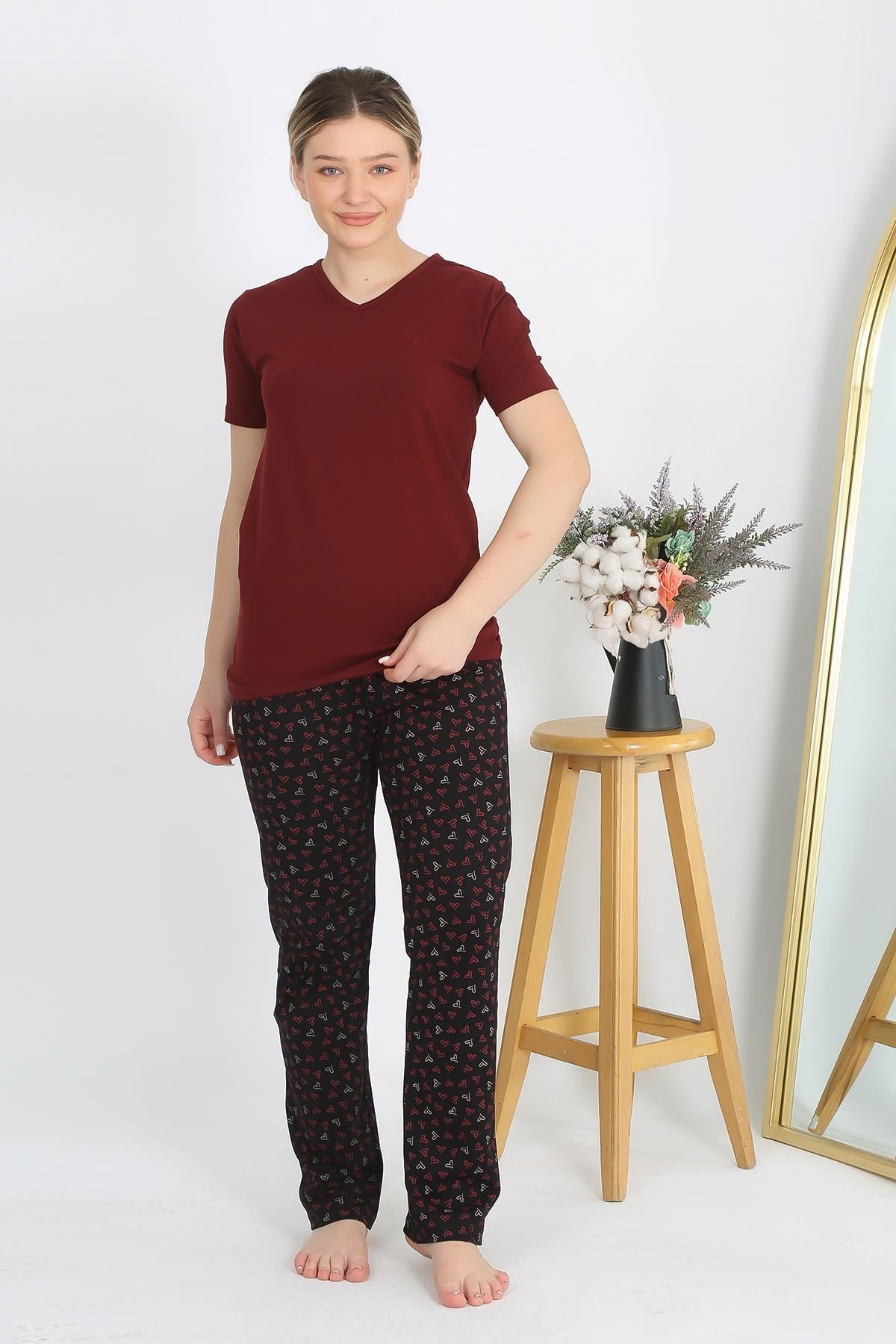 Akbeniz Kadın Kısa Kol Pamuk Penye Pijama Takım Bordo 4214