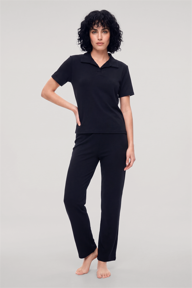 Akbeniz Kadın Lacivert Polo Yaka Pijama Takımı