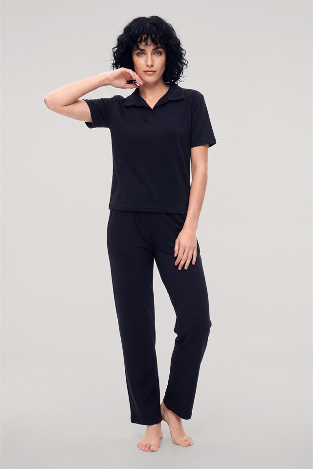 Akbeniz Kadın Lacivert Polo Yaka Pijama Takımı