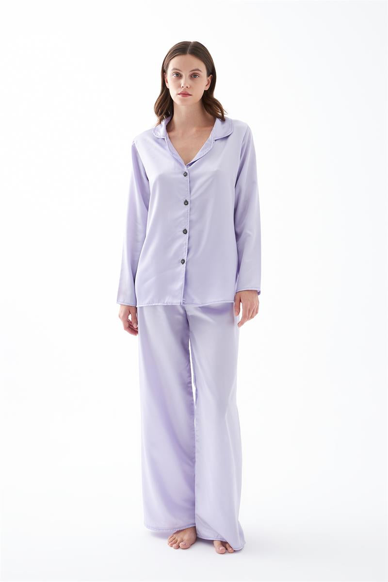 Akbeniz Kadın Lila Oversize Saten Pijama Takımı