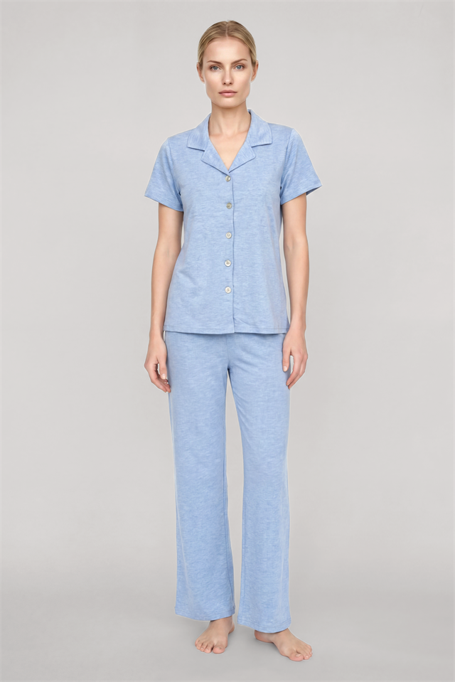 Akbeniz Kadın Mavi Klasik Gömlek Yaka Pijama Takımı