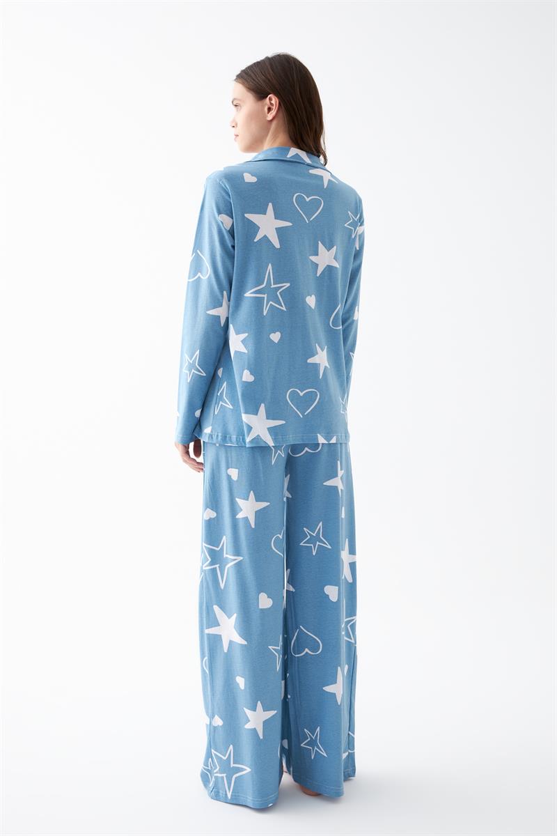 Akbeniz Kadın Mavi Yıldız Desenli Düğmeli Pamuklu Pijama Takımı