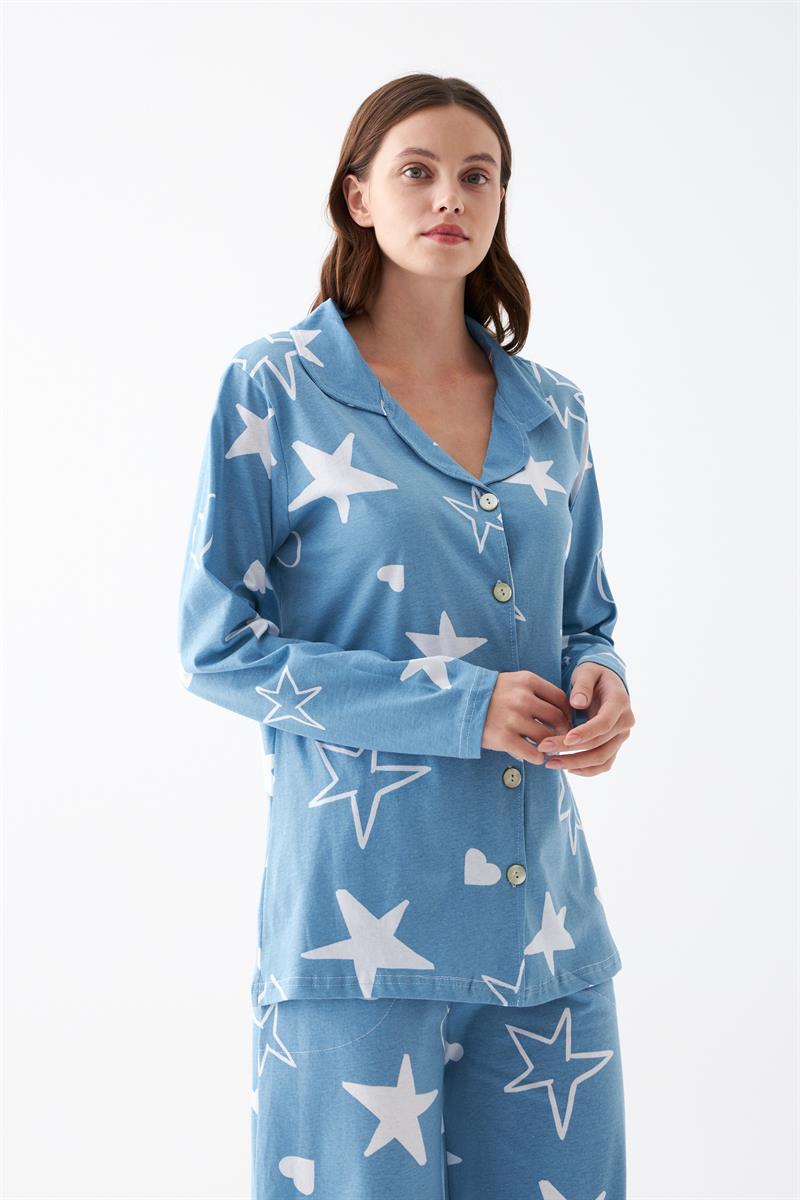 Akbeniz Kadın Mavi Yıldız Desenli Düğmeli Pamuklu Pijama Takımı