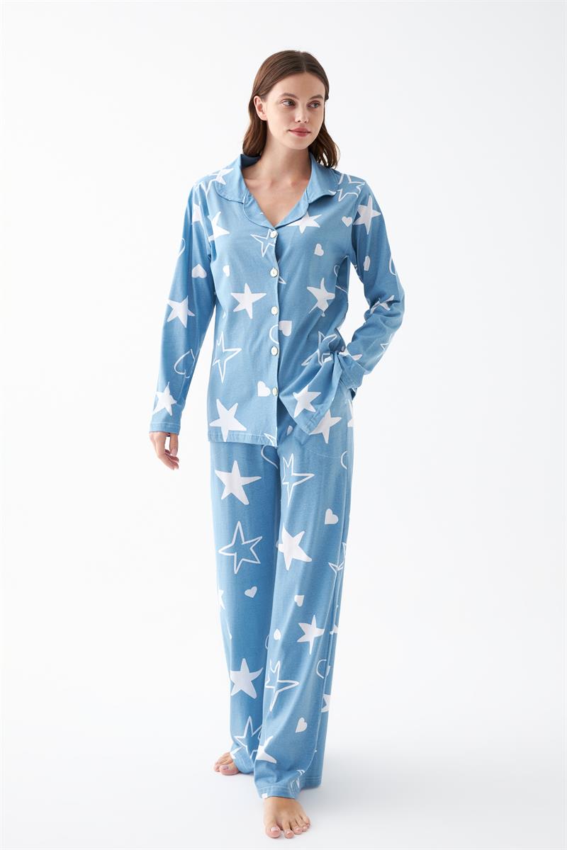 Akbeniz Kadın Mavi Yıldız Desenli Düğmeli Pamuklu Pijama Takımı