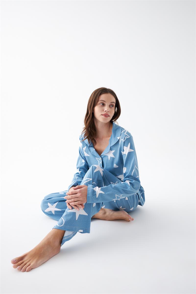 Akbeniz Kadın Mavi Yıldız Desenli Düğmeli Pamuklu Pijama Takımı