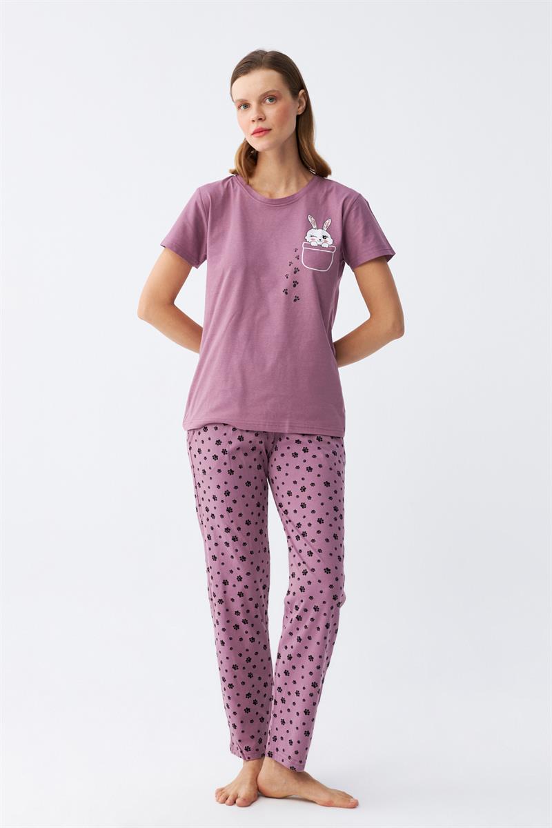 Akbeniz Kadın Mor Patili Tavşan Baskılı Cepli Pijama Takımı