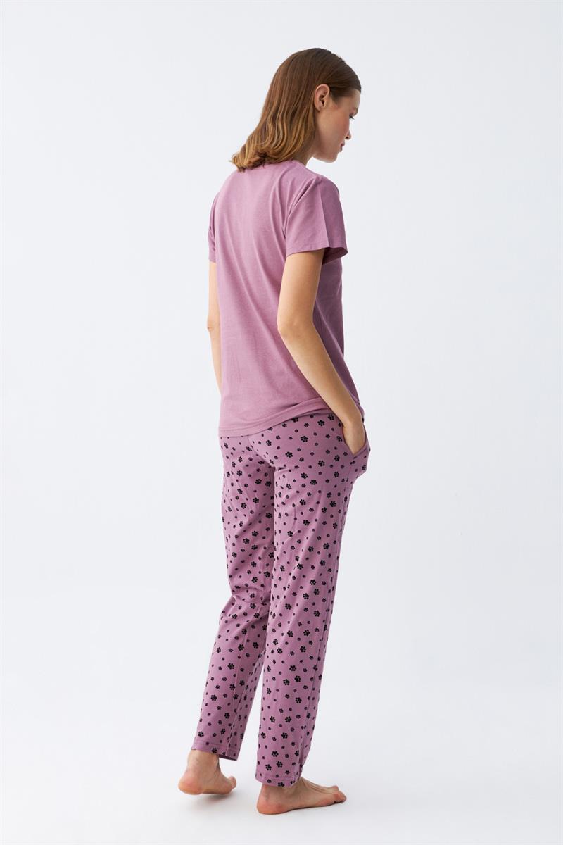Akbeniz Kadın Mor Patili Tavşan Baskılı Cepli Pijama Takımı