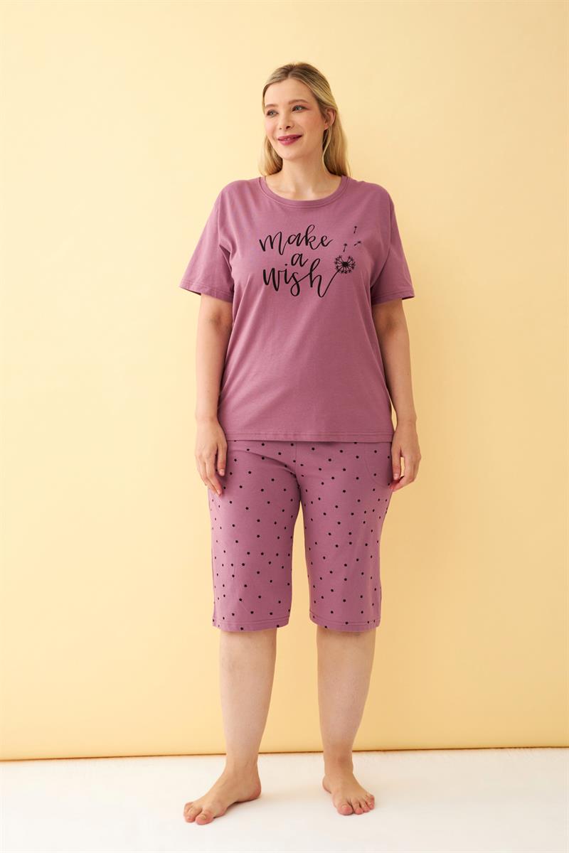 Akbeniz Kadın Mürdüm “Make a Wish” Yazılı Büyük Beden Kapri Pijama Takımı