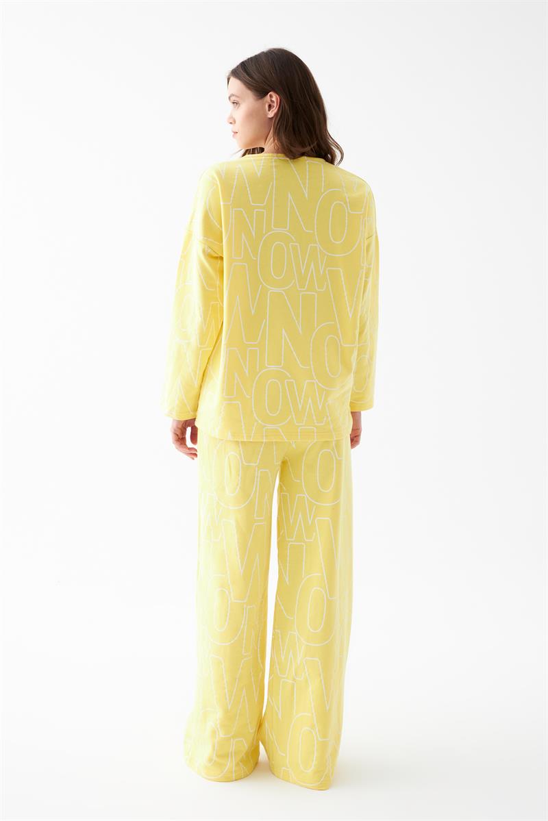 Akbeniz Kadın Oversize Sarı Desenli Pamuklu Kalın Pijama Takımı