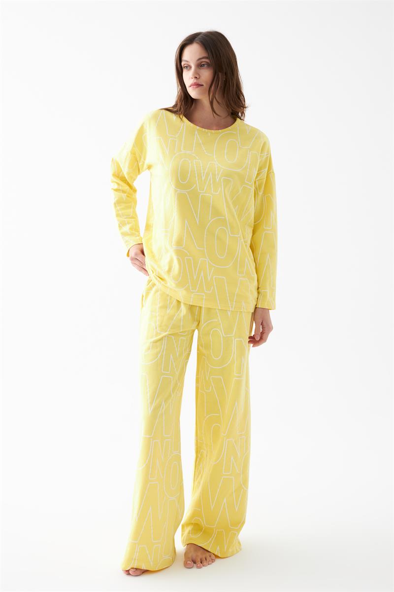 Akbeniz Kadın Oversize Sarı Desenli Pamuklu Kalın Pijama Takımı