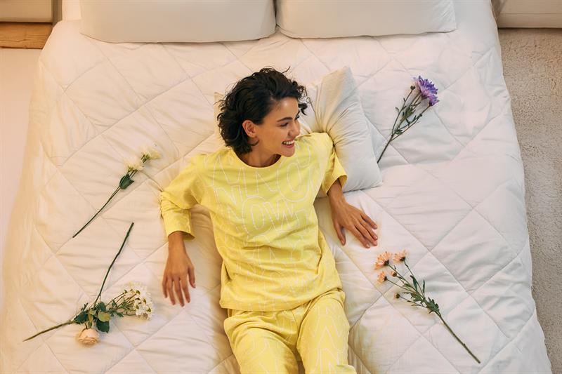Akbeniz Kadın Oversize Sarı Desenli Pamuklu Kalın Pijama Takımı