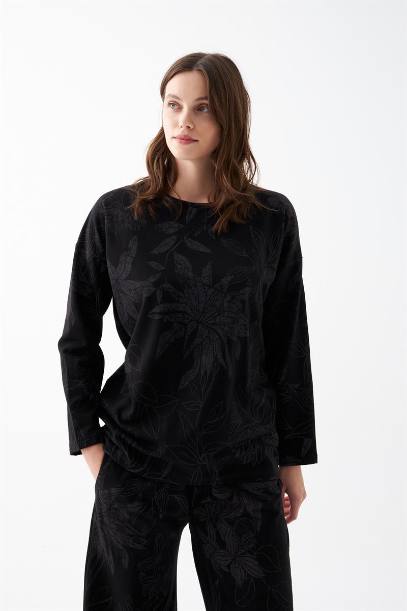 Akbeniz Kadın Oversize Siyah Çiçek Desenli Pamuklu Kalın Pijama Takımı