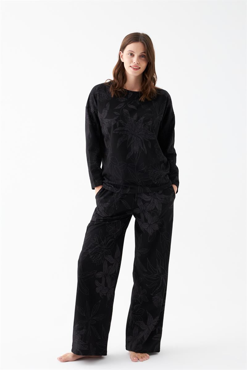 Akbeniz Kadın Oversize Siyah Çiçek Desenli Pamuklu Kalın Pijama Takımı