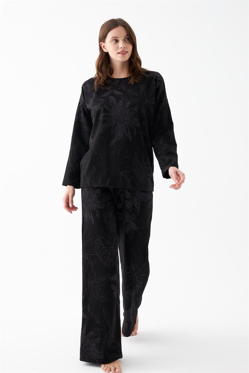 Akbeniz Kadın Oversize Siyah Çiçek Desenli Pamuklu Kalın Pijama Takımı
