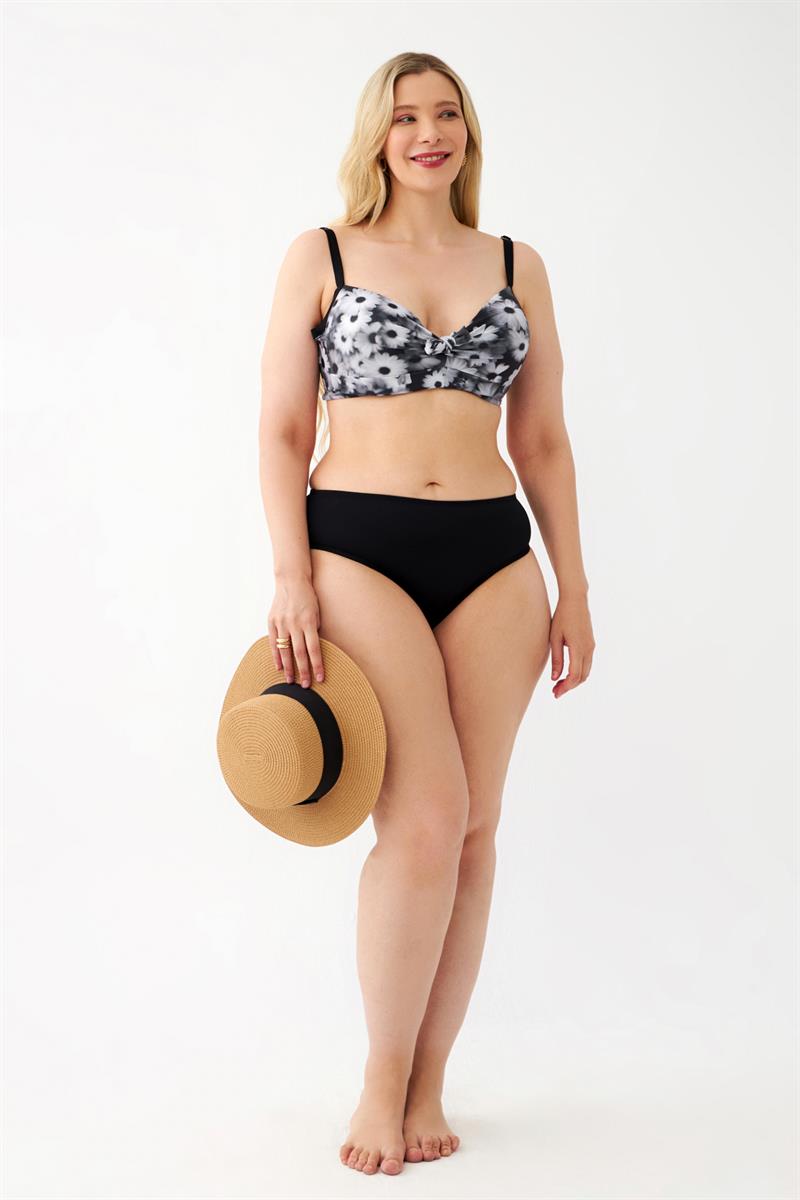 Akbeniz Kadın Papatya Desenli Gri Büyük Beden Bikini Takımı