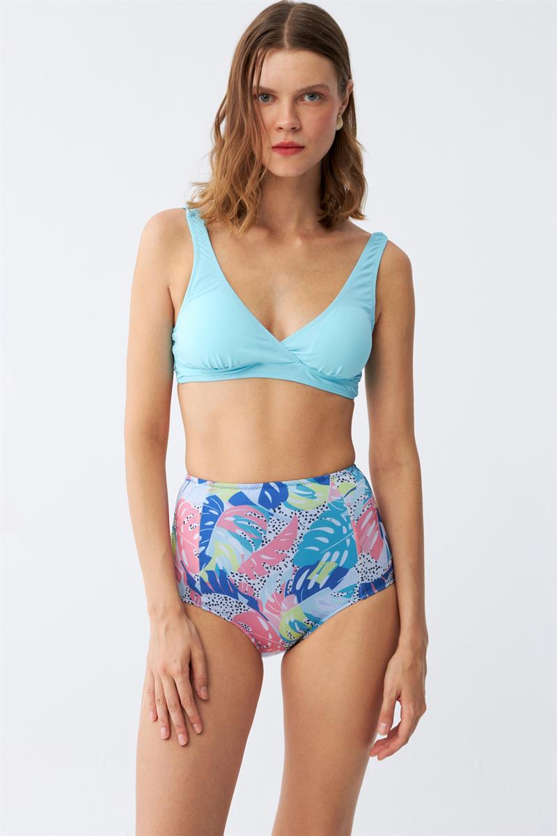 Akbeniz Kadın Pedli Üst Tropik Desenli Yüksek Bel Bikini Takımı - Buz Mavisi