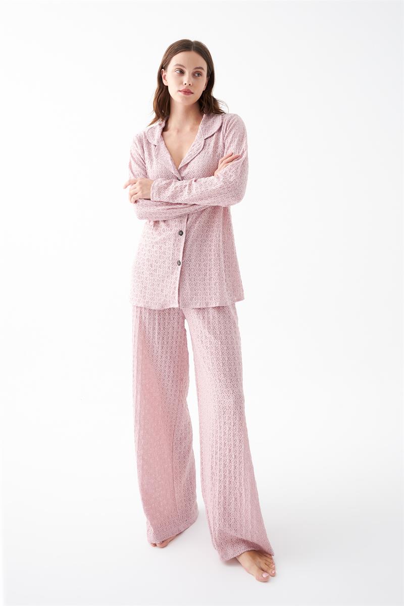 Akbeniz Kadın Pembe Önden Düğmeli Rahat Kesim Pijama Takımı