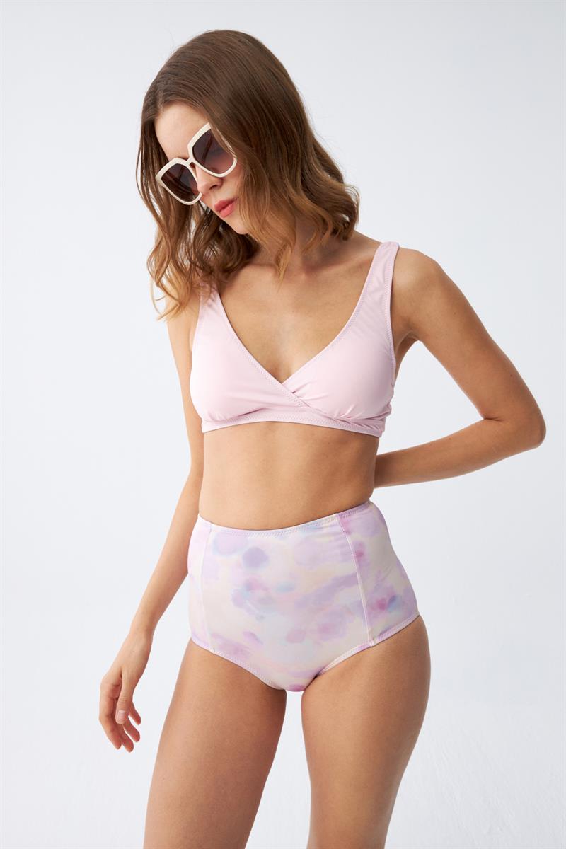 Akbeniz Kadın Pembe Pedli Üst ve Pastel Desenli Yüksek Bel Bikini Takımı