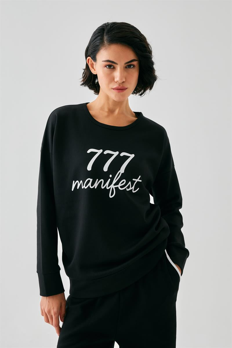 Akbeniz Kadın Siyah 777 Manifest Oversize 2 İplik Eşofman Ev Giyim Takımı