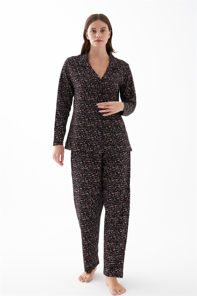 Akbeniz Kadın Siyah Düğmeli Kalp Desenli Pamuklu Pijama Takımı