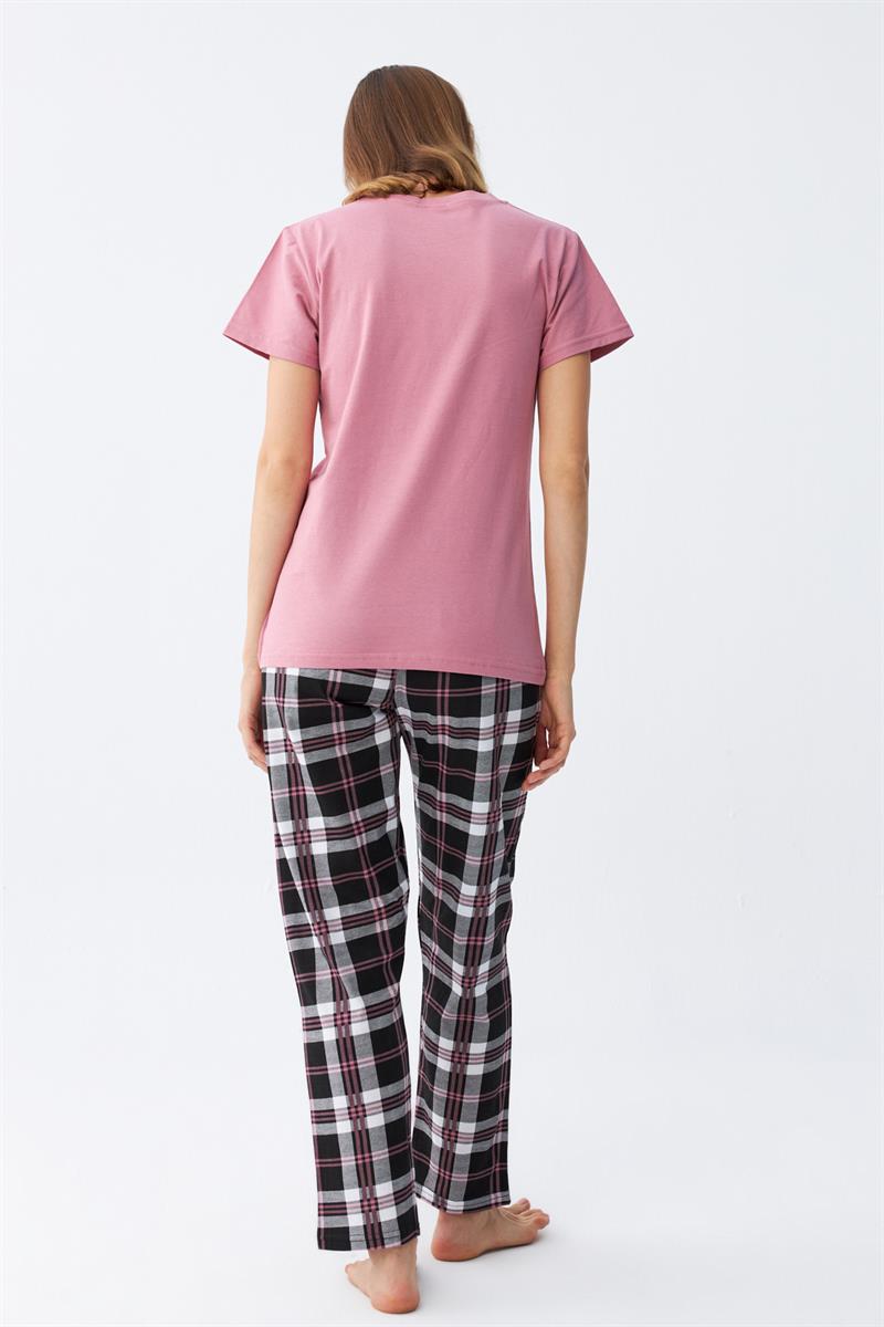 Akbeniz Kadın Somon Ayıcık Baskılı Ekoseli Penye Pijama Takımı