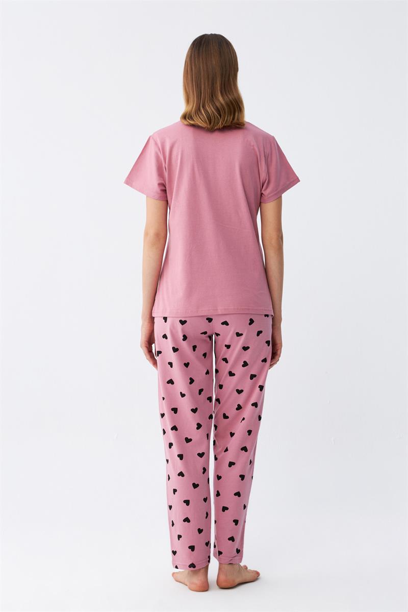 Akbeniz Kadın Somon Kalp Desenli Kısa Kollu Penye Pijama Takımı