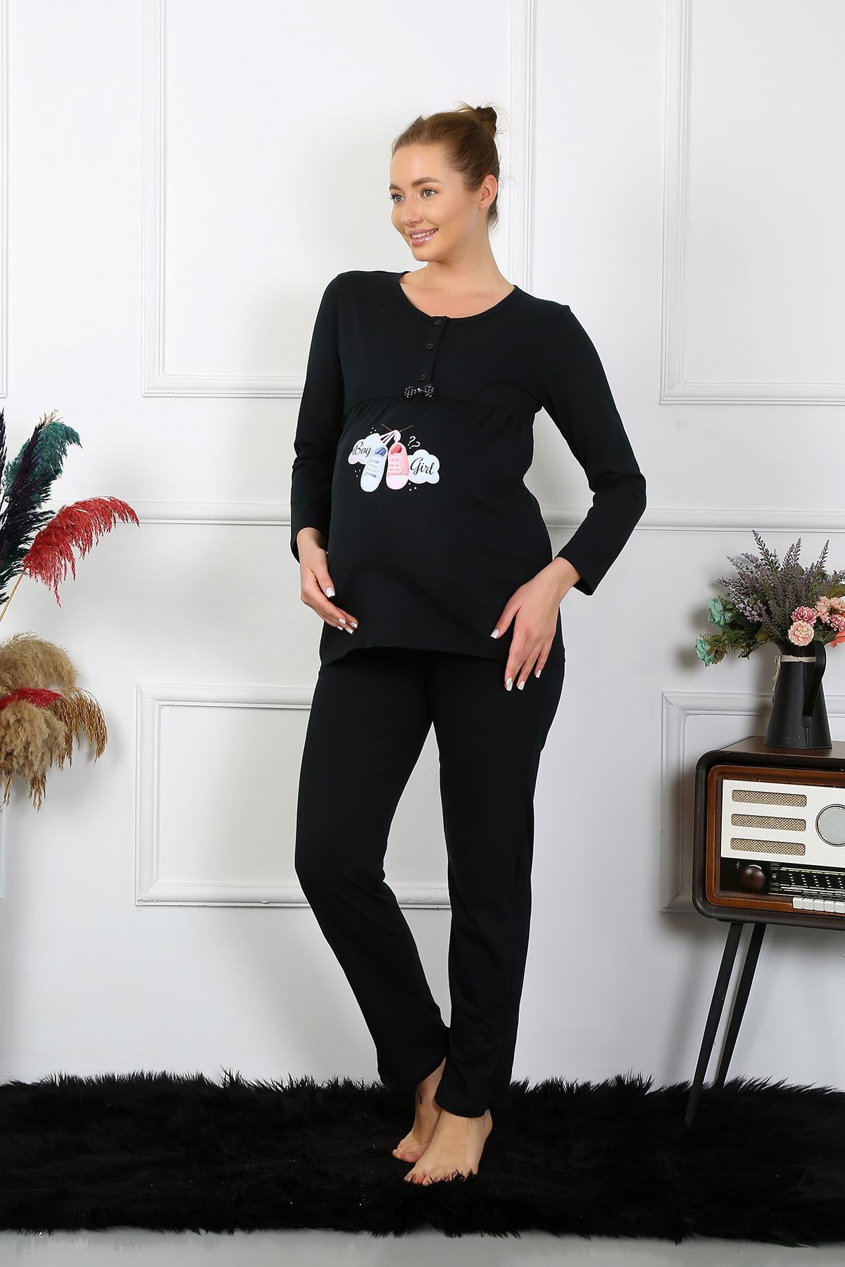 Akbeniz Kadın Uzun Kol Hamile Lohusa Pijama Takımı Siyah 45501