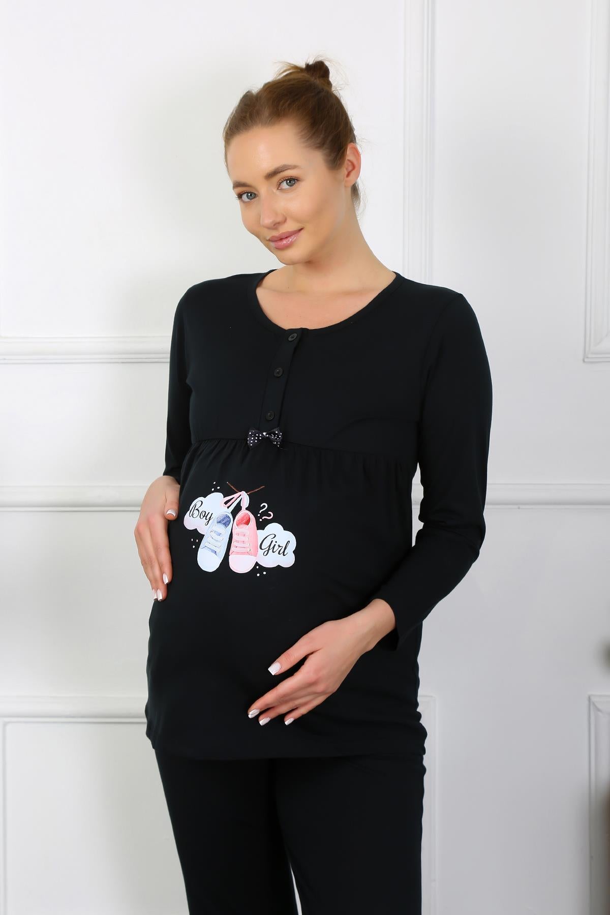 Akbeniz Kadın Uzun Kol Hamile Lohusa Pijama Takımı Siyah 45501