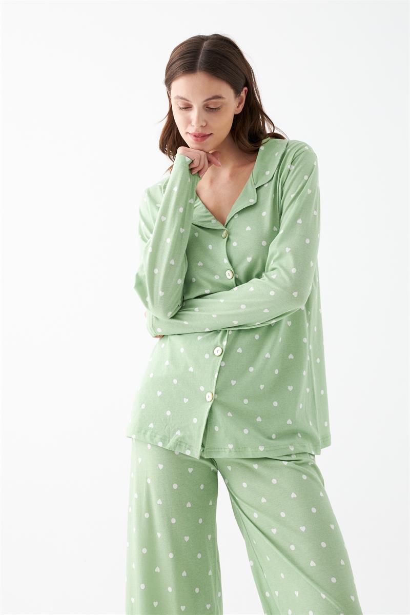 Akbeniz Kadın Yeşil Kalp Desenli Düğmeli Pamuklu Pijama Takımı