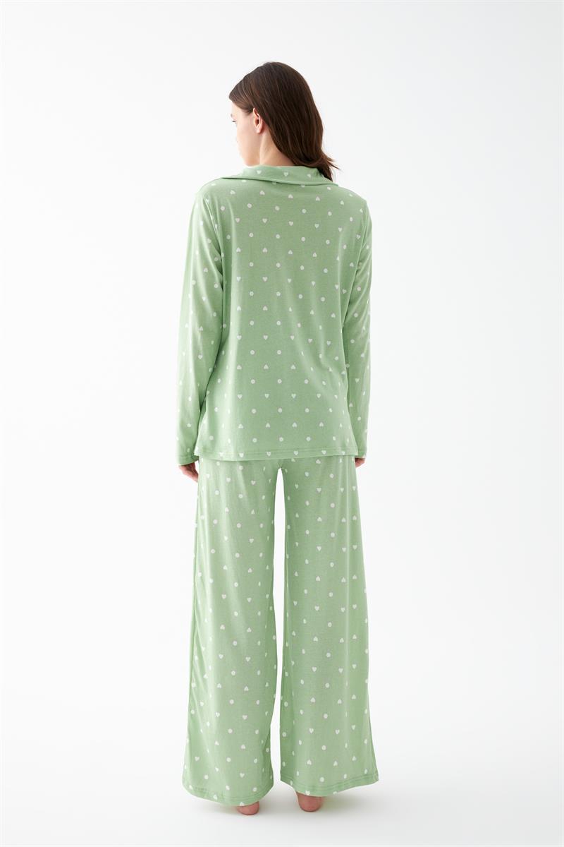 Akbeniz Kadın Yeşil Kalp Desenli Düğmeli Pamuklu Pijama Takımı