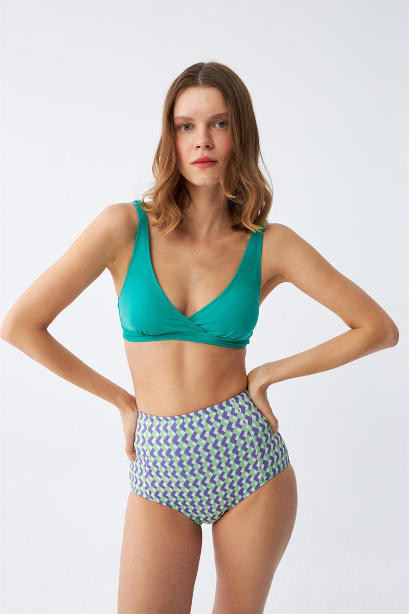 Akbeniz Kadın Yeşil Pedli Geometrik Desenli Yüksek Bel Bikini Takımı