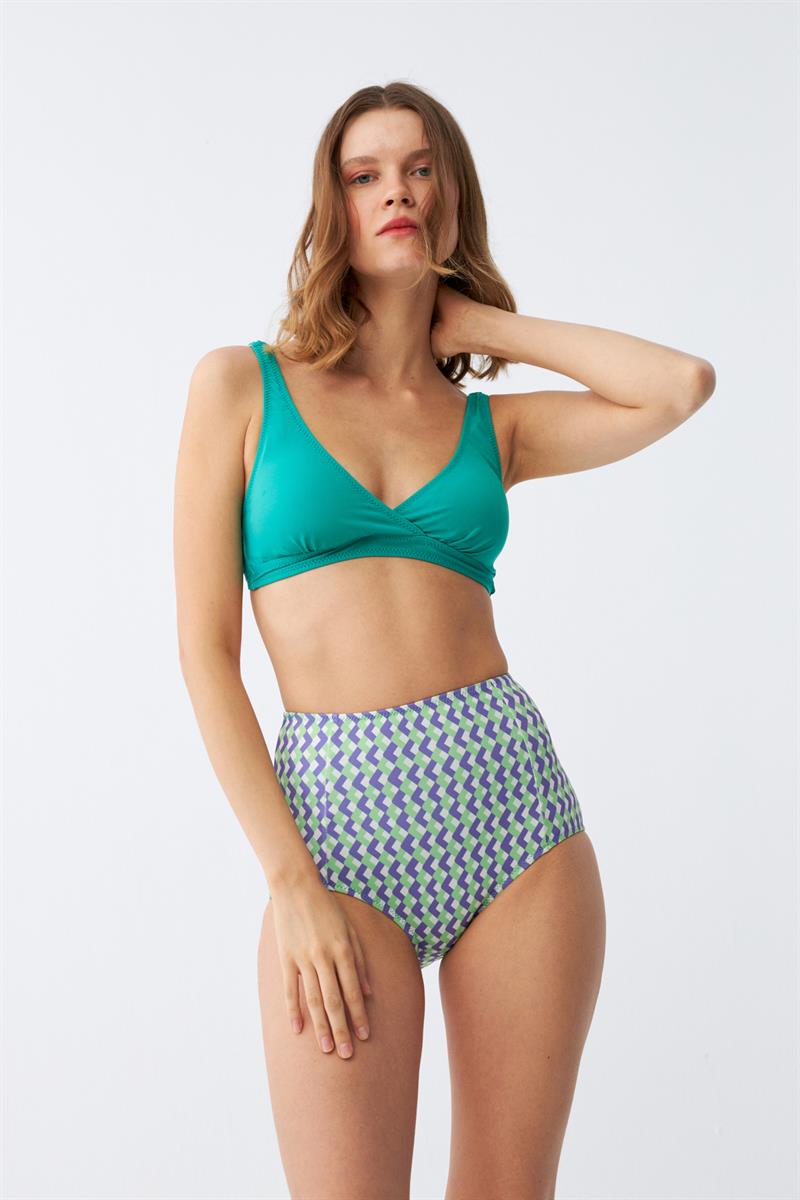 Akbeniz Kadın Yeşil Pedli Geometrik Desenli Yüksek Bel Bikini Takımı