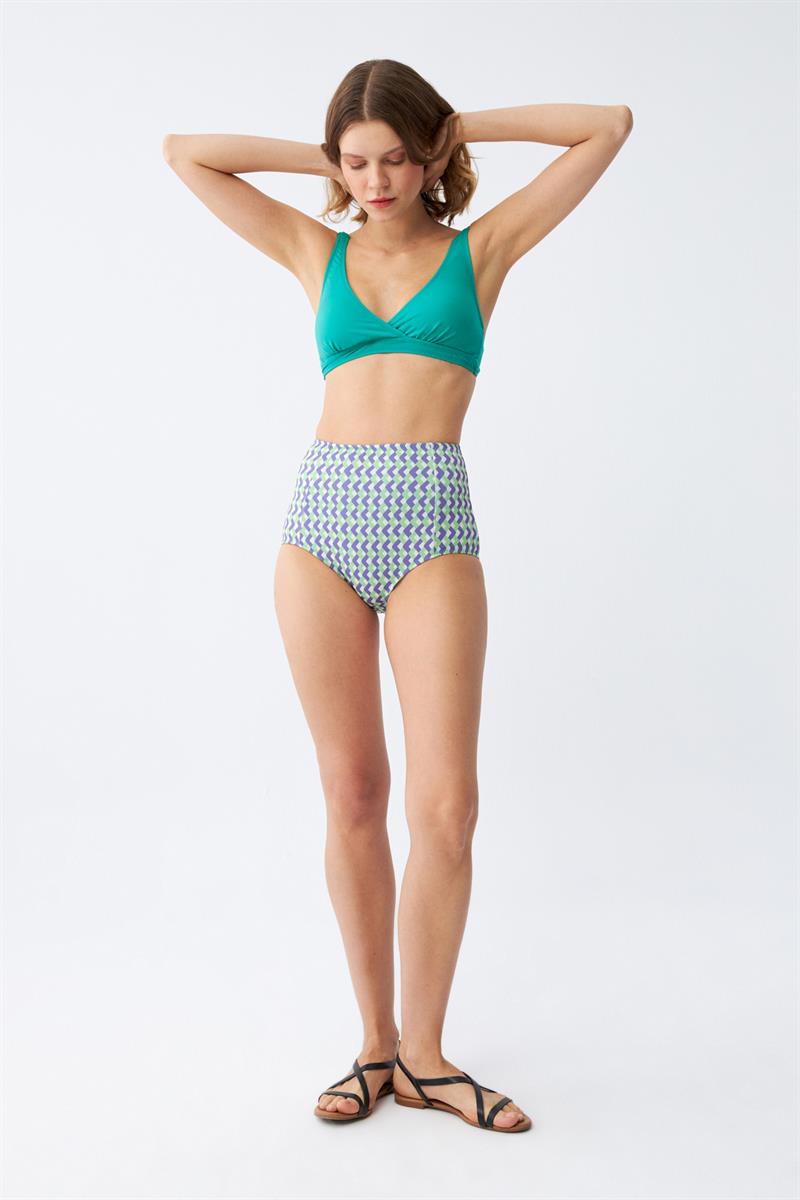 Akbeniz Kadın Yeşil Pedli Geometrik Desenli Yüksek Bel Bikini Takımı