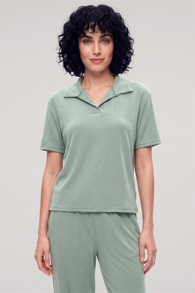 Akbeniz Kadın Yeşil Polo Yaka Pijama Takımı