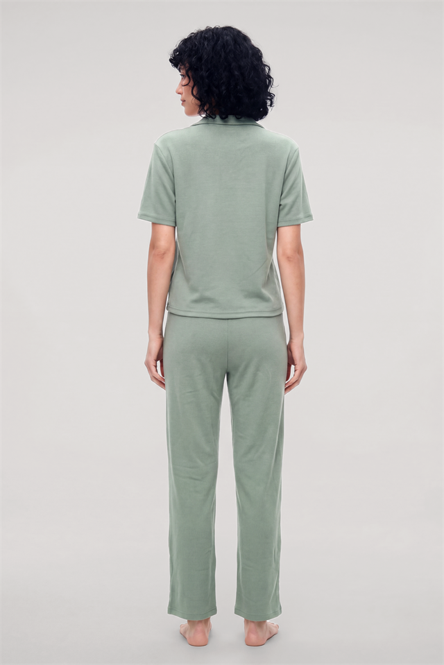 Akbeniz Kadın Yeşil Polo Yaka Pijama Takımı