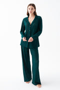 Akbeniz Women's Emerald Green Front Button Relaxed Fit Pajama Set