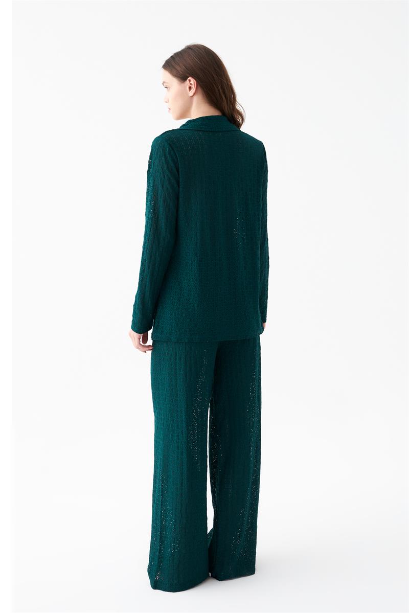 Akbeniz Kadın Zümrüt Yeşili Önden Düğmeli Rahat Kesim Pijama Takımı