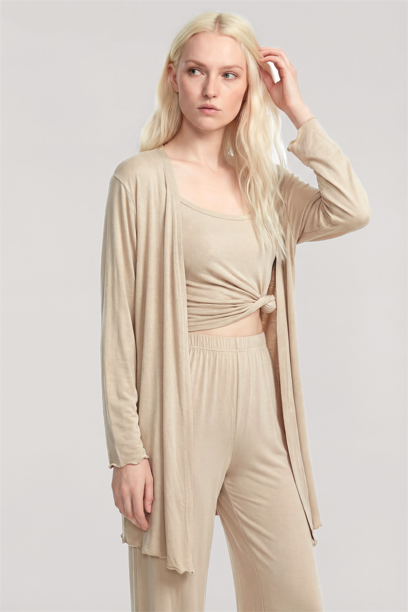 Akbeniz Kısa Kimono 3'lü Takım Bej