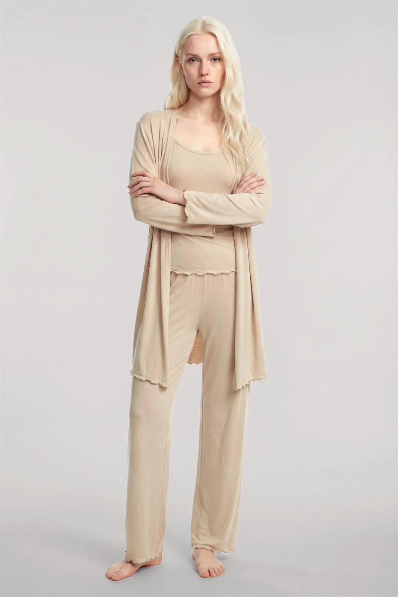 Akbeniz Kısa Kimono 3'lü Takım Bej