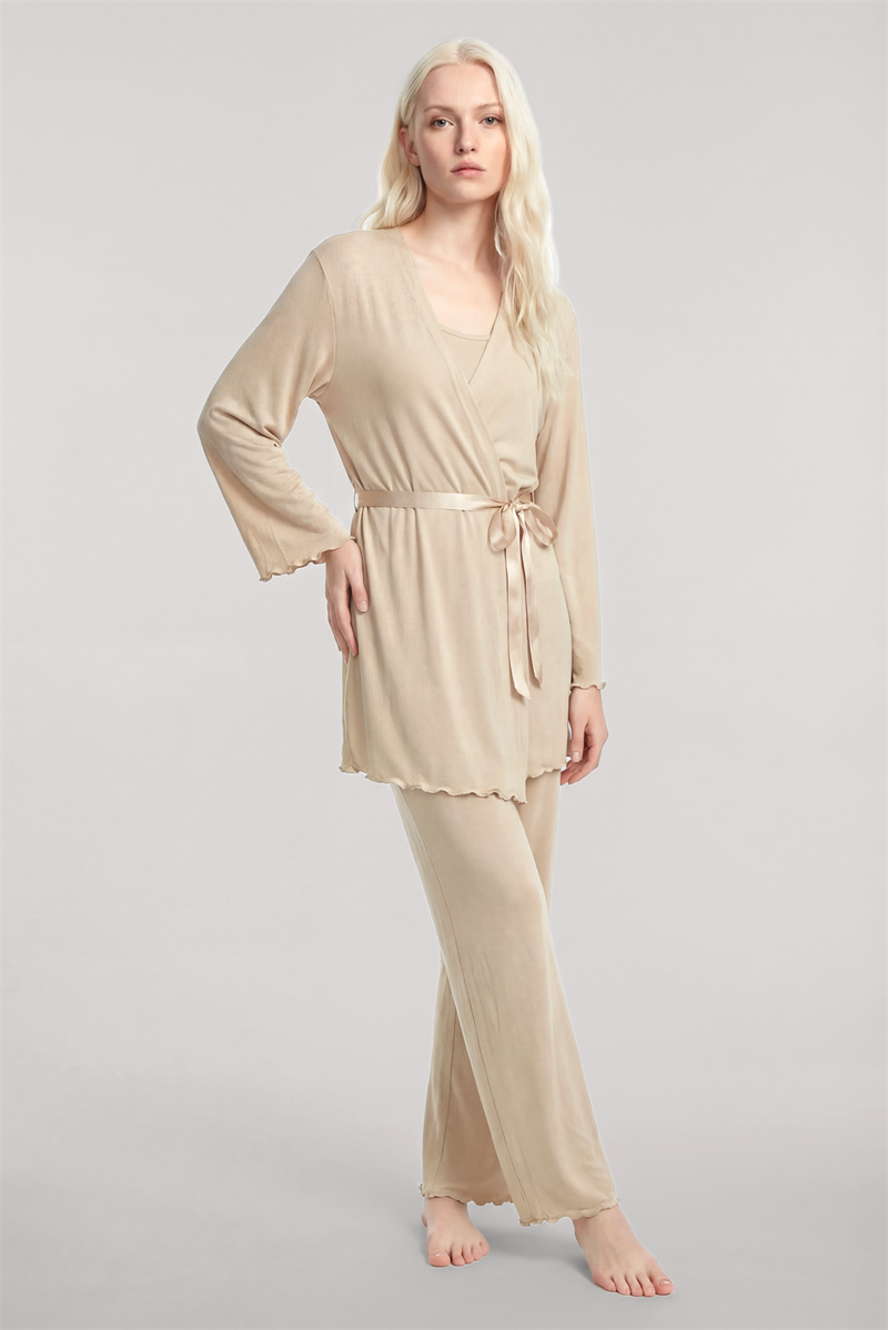 Akbeniz Kısa Kimono 3'lü Takım Bej