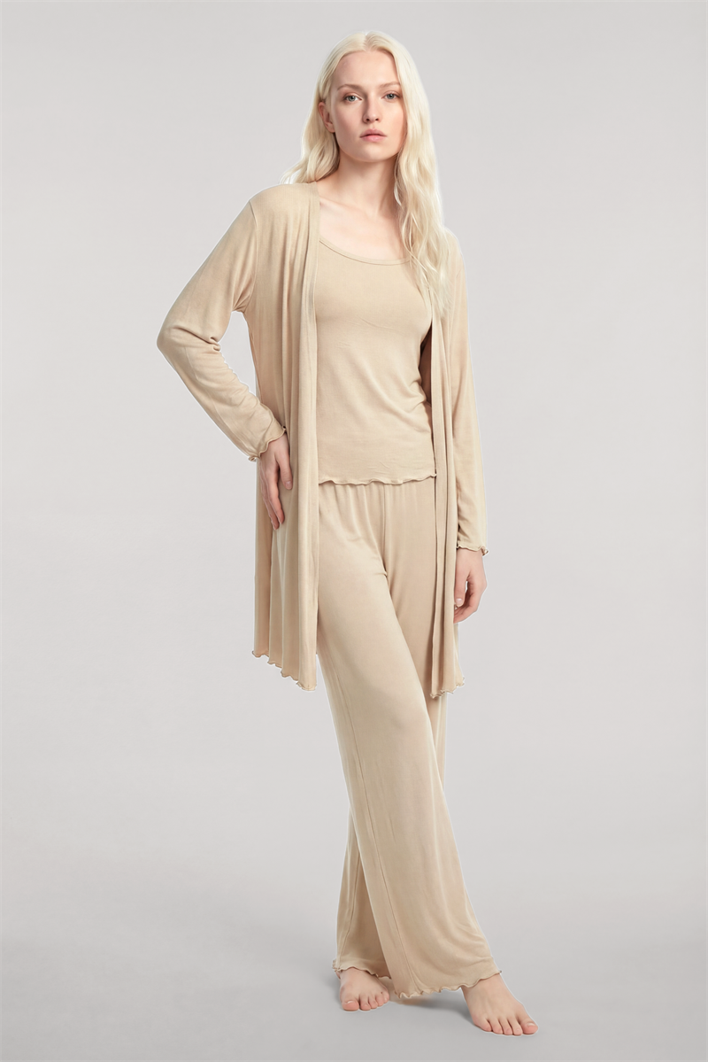 Akbeniz Kısa Kimono 3'lü Takım Bej