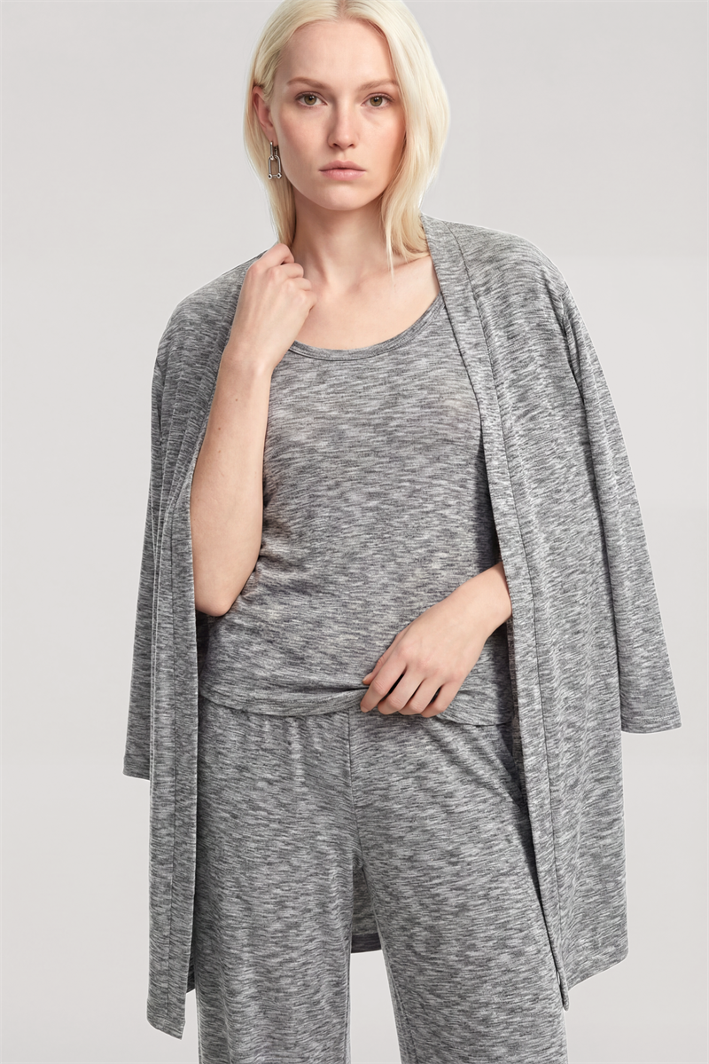 Akbeniz Kısa Kimono 3'lü Takım Gri Melanj