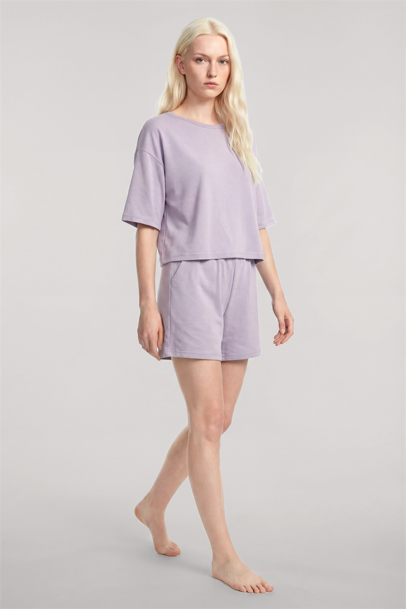 Akbeniz Kısa Kollu Şortlu Pijama Takımı Lila