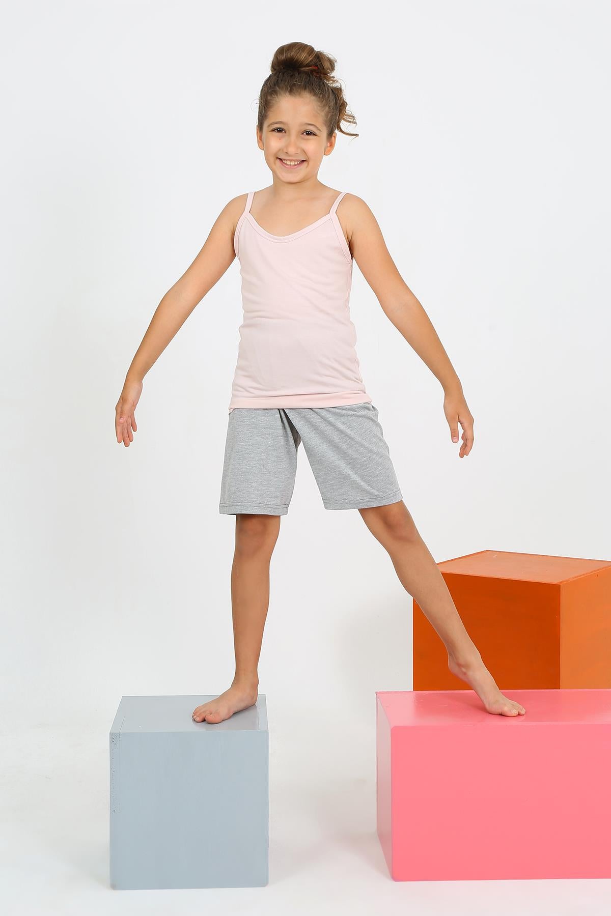 Akbeniz Kız Çocuk İp Askılı Şortlu Penye Pembe Pijama Takım 20430