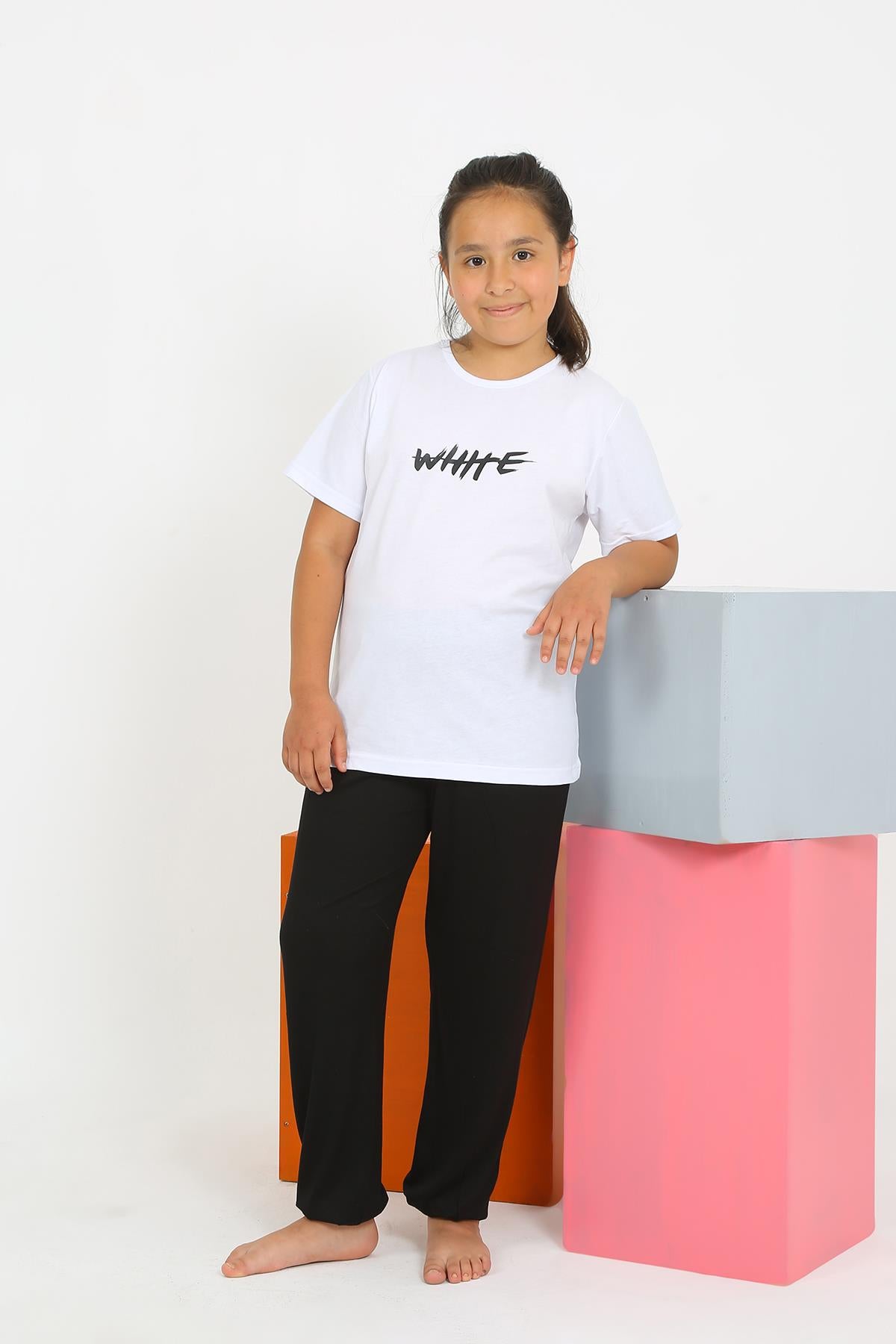 Akbeniz Kız Çocuk Kısa Kol Beyaz Penye Pijama Takım 20432