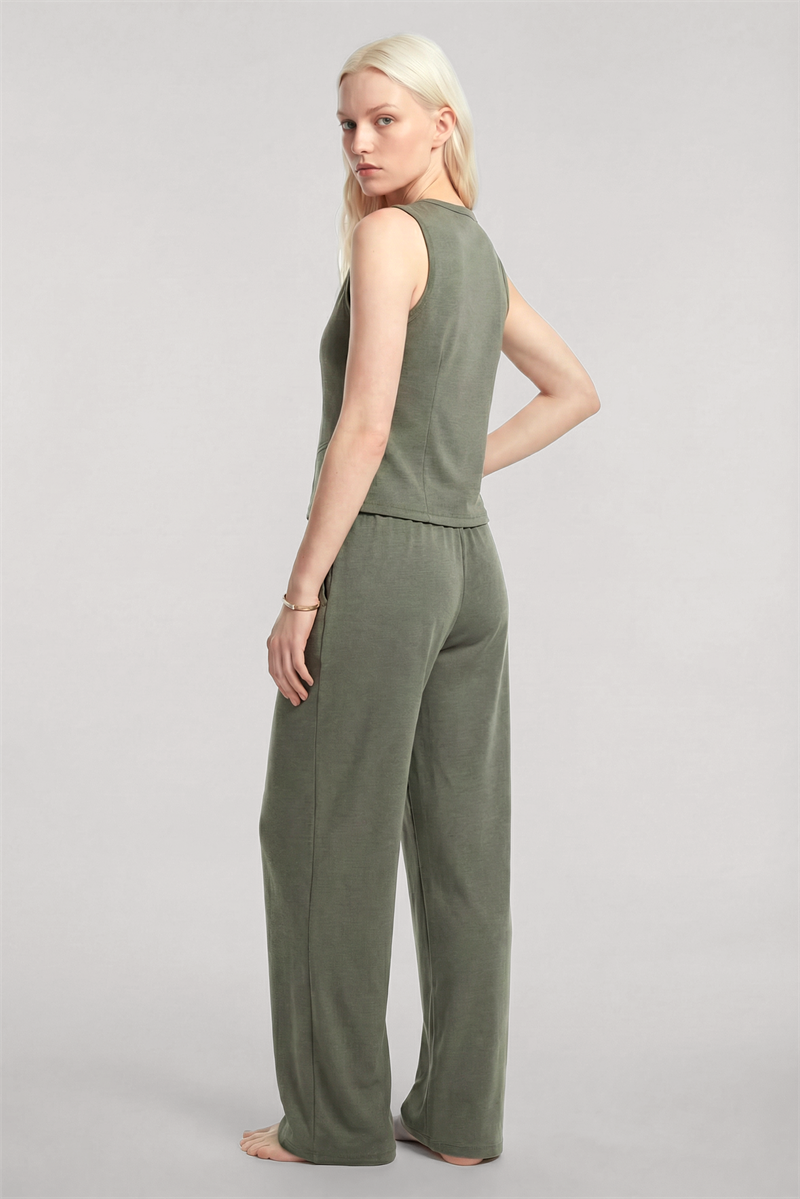 Akbeniz Kolsuz Minimal Yumuşak Dokulu Pijama Takımı Haki