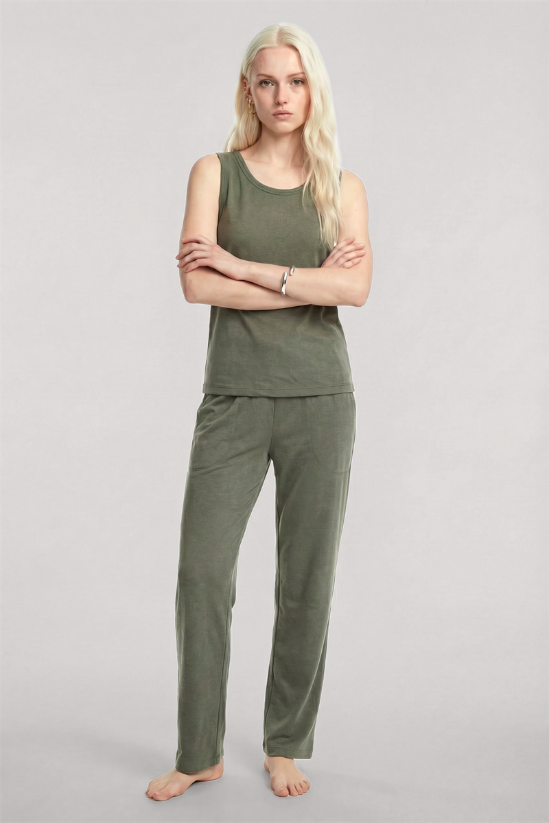 Akbeniz Kolsuz Minimal Yumuşak Dokulu Pijama Takımı Haki