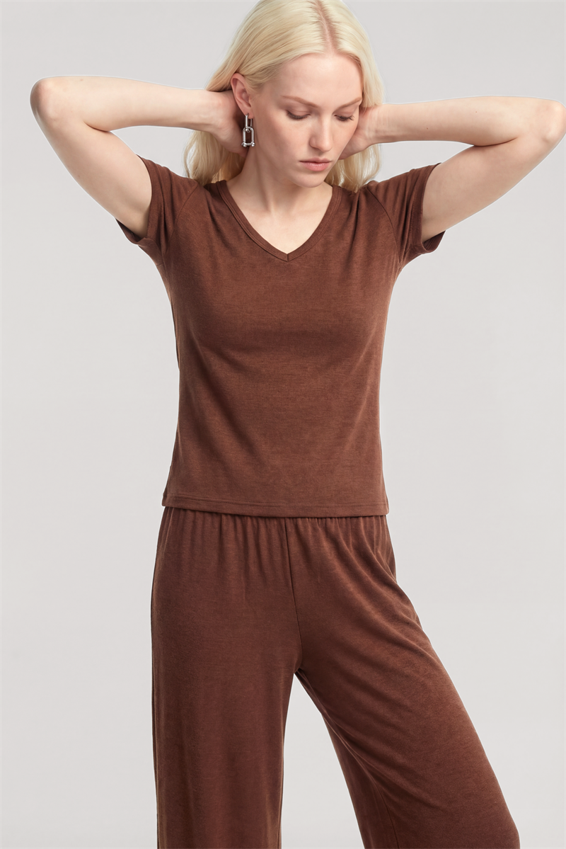 Akbeniz V Yaka Yumuşak Dokulu Pijama Takımı Kahve