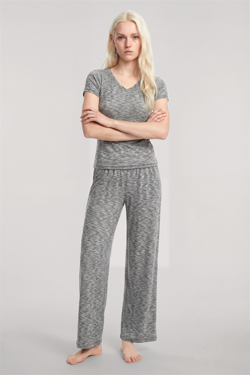 Akbeniz V Yaka Yumuşak Dokulu Pijama Takımı Gri